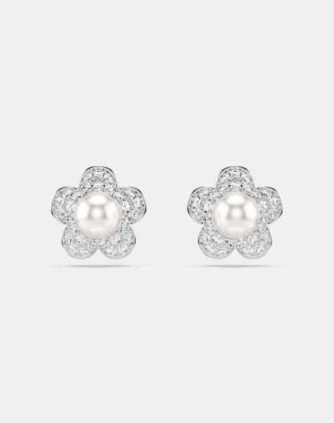 Swarovski Ariana grande x swarovski stud earrings, crystal pearl, round cut, flower, white, rhodium plated in white, rhodium plating - view 1