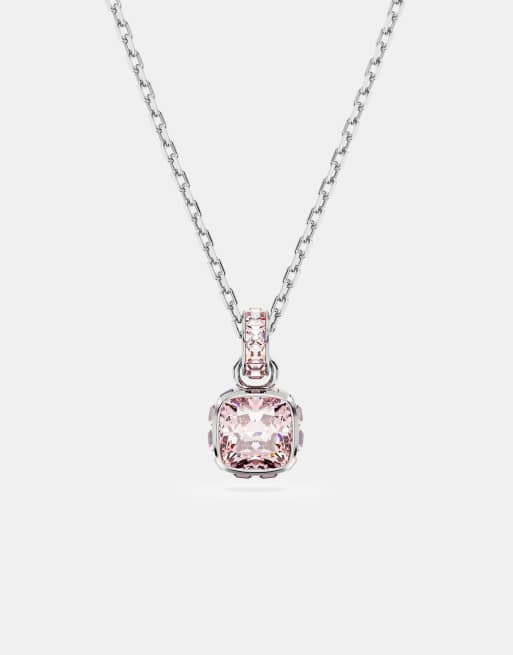 Swarovski Birthstone pendant, square cut, october, pink, rhodium plated in pink