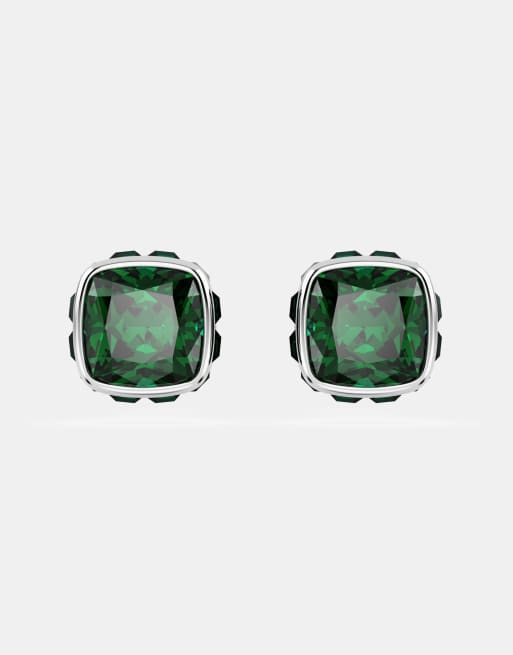 Swarovski Birthstone stud earrings, square cut, may, green, rhodium plated in green, rhodium plating