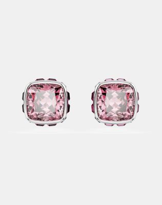 Swarovski Birthstone stud earrings, square cut, october, pink, rhodium plated in pink - ASOS Price Checker