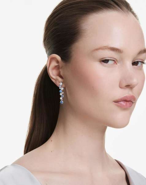 Swarovski Constella drop earrings, mixed cuts, blue, rhodium plated in blue - view 1