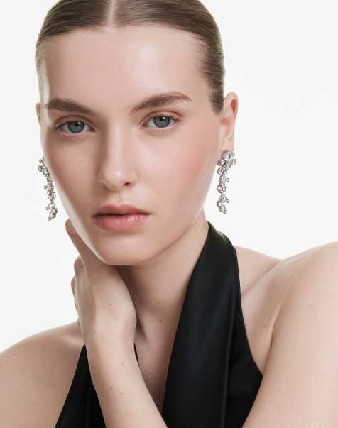 Swarovski Constella drop earrings, mixed cuts, white, rhodium plated in white - view 1