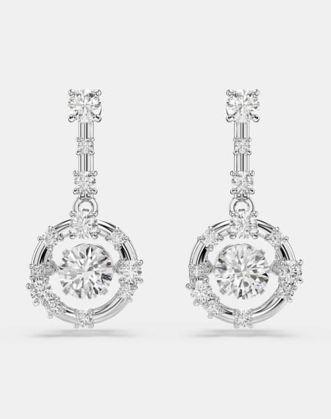 Swarovski Constella drop earrings, round cut, dancing stone, white, rhodium plated in white, rhodium plating - view 1