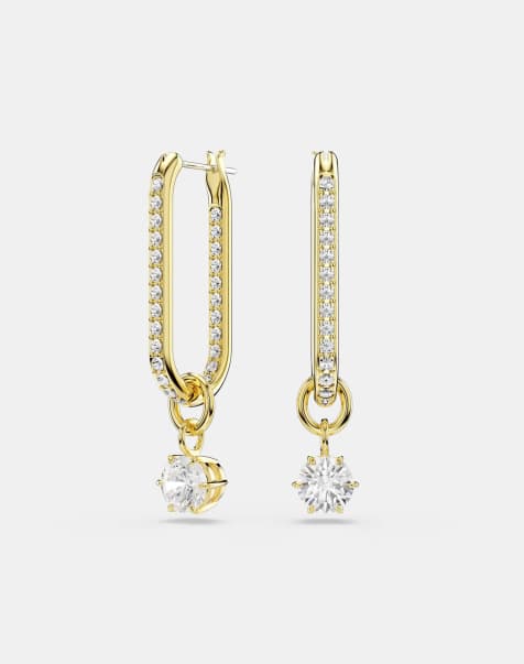 Swarovski Constella drop earrings, round cut, white, gold-tone plated in white - view 1