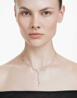 Swarovski Constella y necklace, crystal pearl, round cuts, white, rhodium plated in white