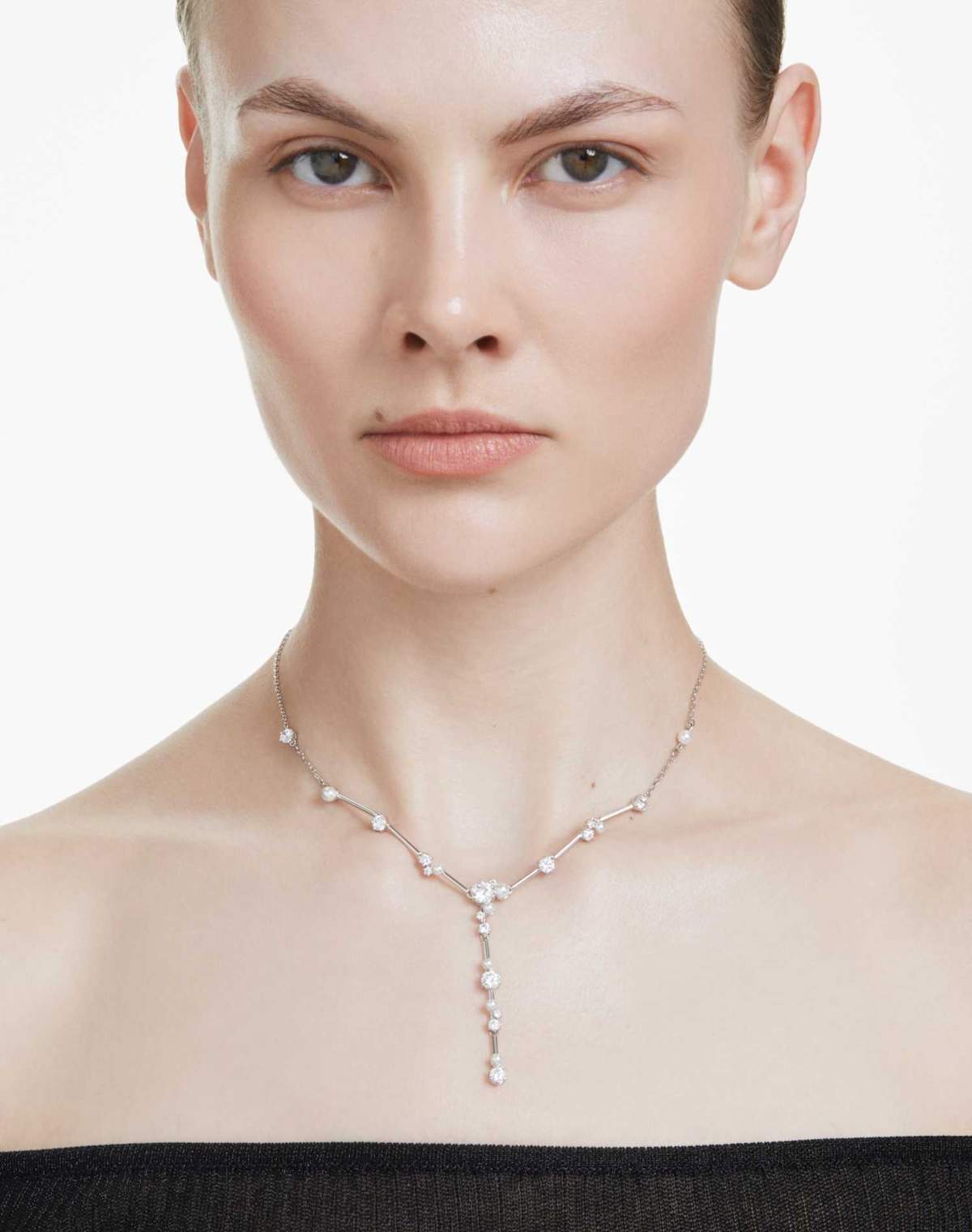 Swarovski Constella y necklace, crystal pearl, round cuts, white, rhodium plated in white