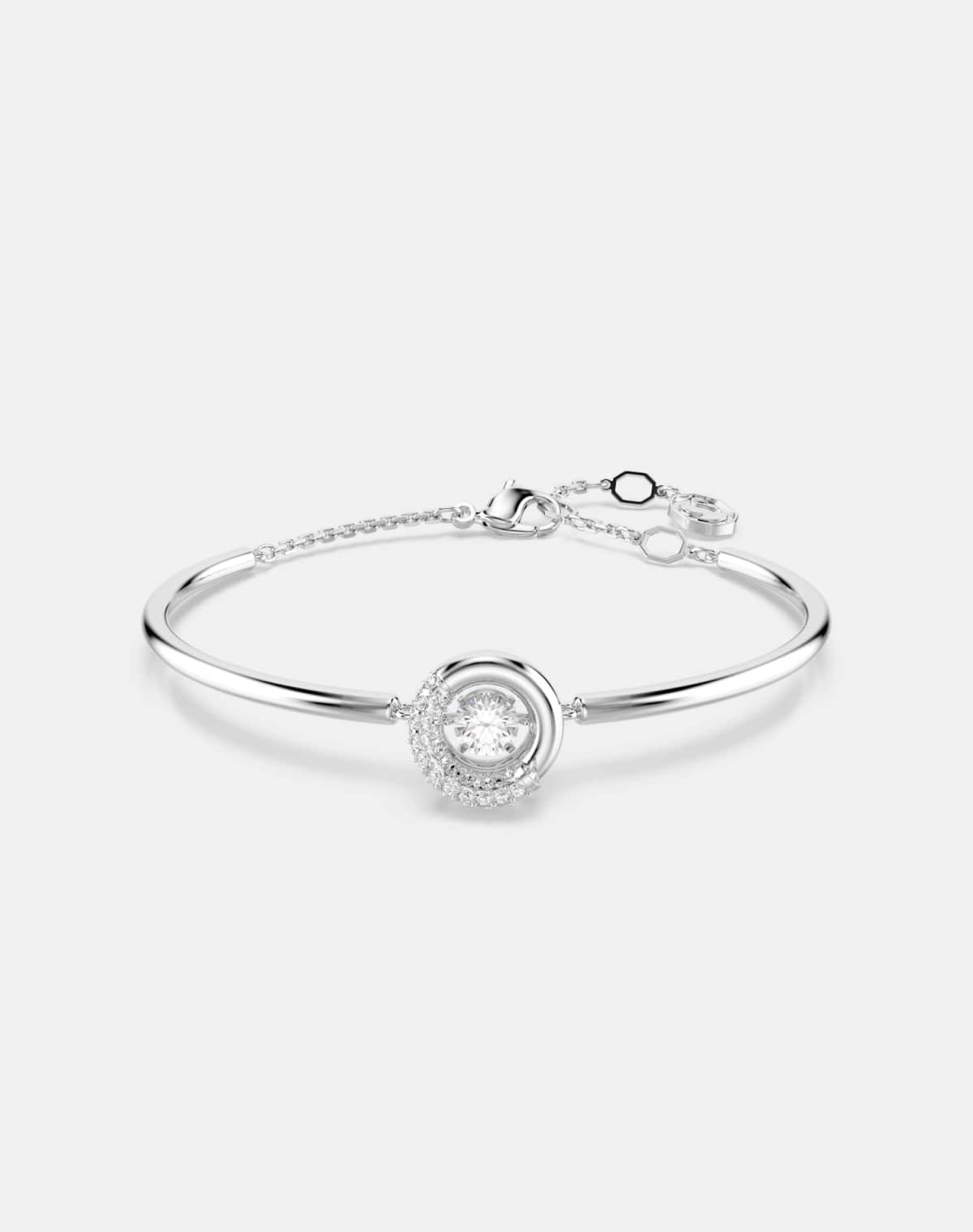 Swarovski Dextera bangle, round cut, white, rhodium plated in silver tone