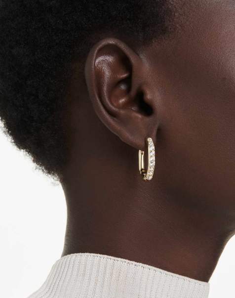 Swarovski Dextera hoop earrings, octagon shape, round cut, white, gold-tone plated in gold tone - view 1