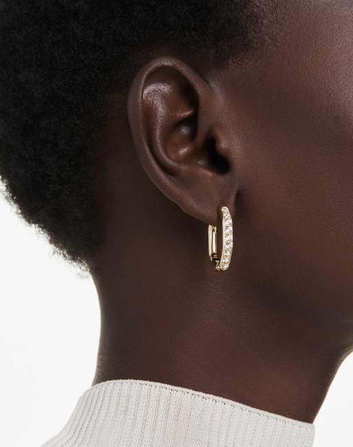 Swarovski Dextera hoop earrings, octagon shape, round cut, white, gold-tone plated in gold tone