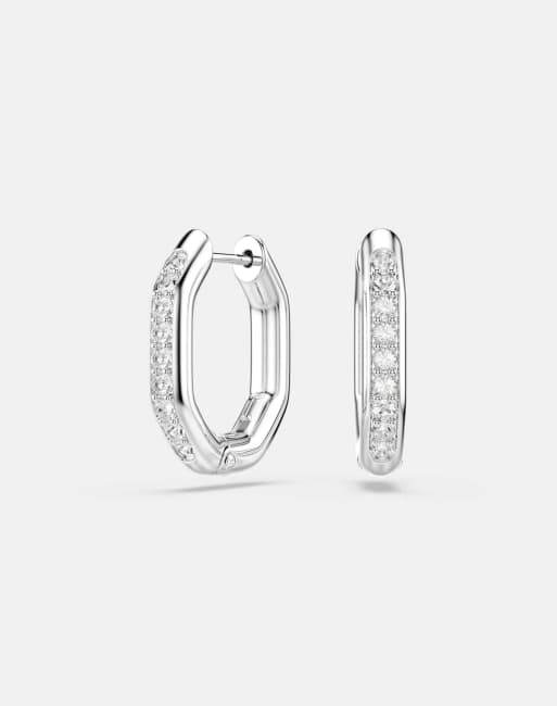 Swarovski Dextera hoop earrings, octagon shape, round cut, white, rhodium plated in silver tone