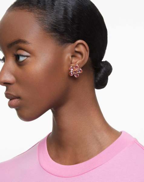 Swarovski Florere stud earrings, flower, pink, gold-tone plated in pink, gold-tone plated - view 1
