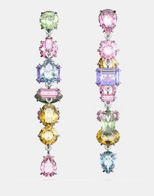 Swarovski gema drop asymmetrical earrings in multi-colored rhodium plated - ASOS Price Checker