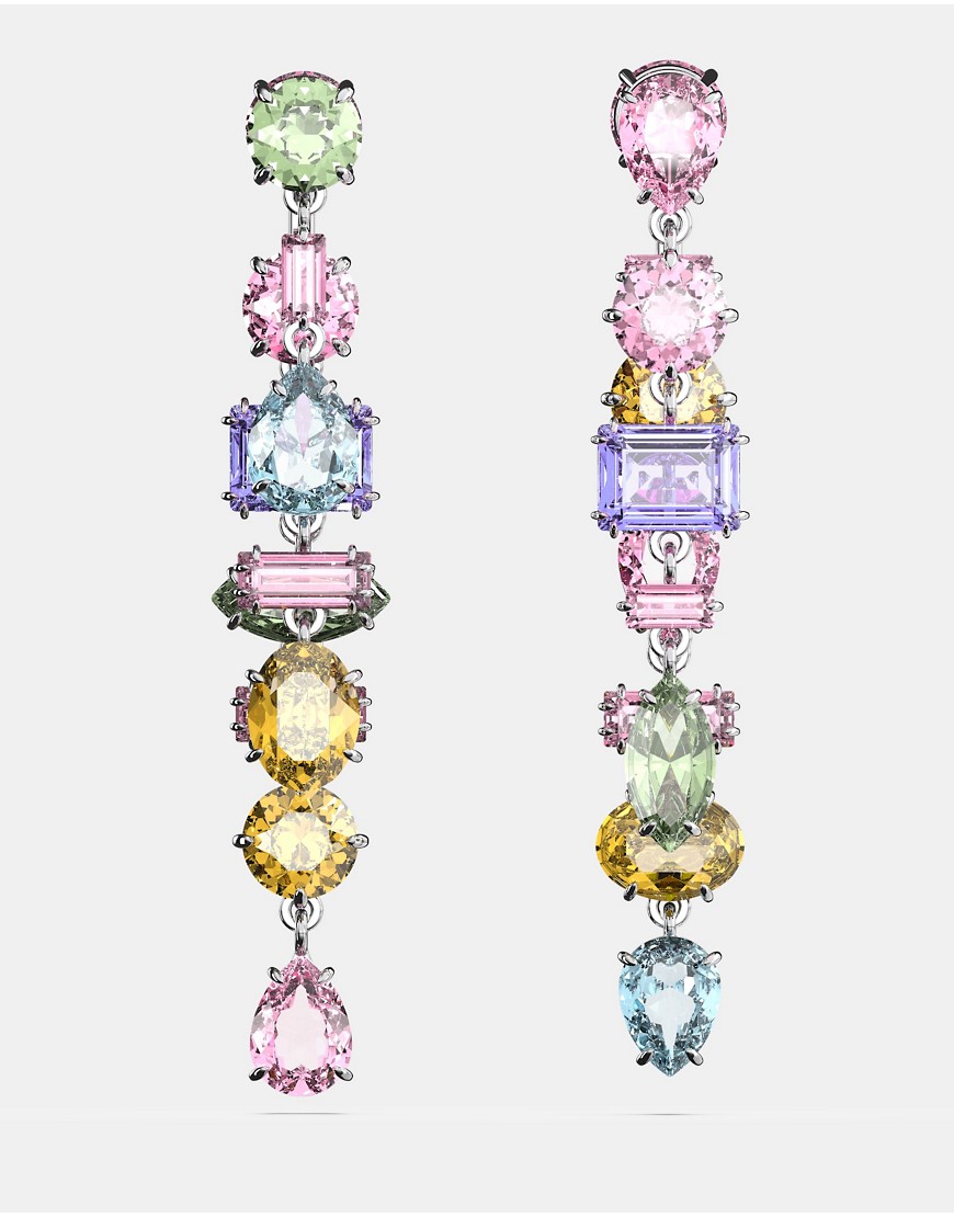 Swarovski gema drop asymmetrical earrings in multi-colored rhodium plated