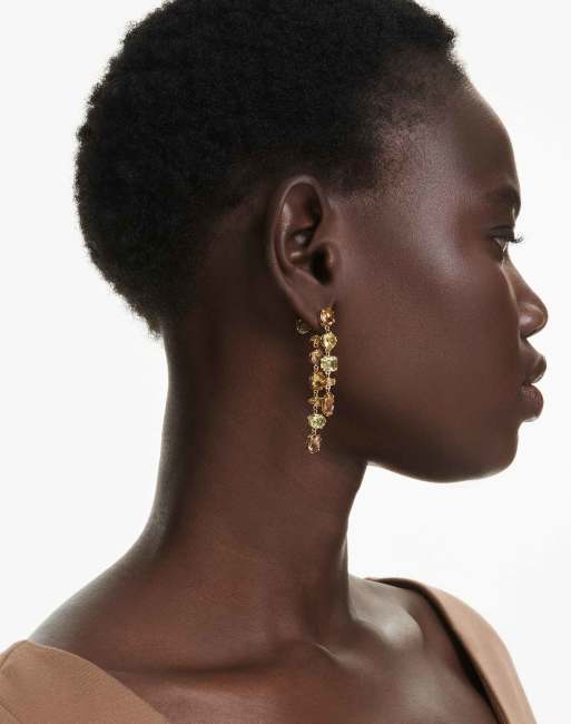 Swarovski Gema drop earrings, asymmetrical design, mixed cuts, long, yellow, gold-tone plated in yellow