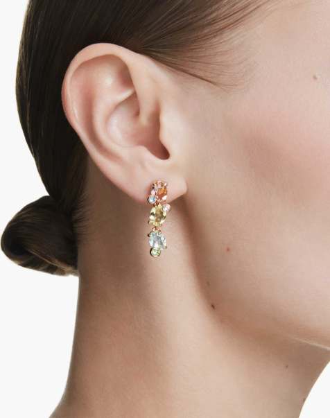 Swarovski Gema drop earrings, asymmetrical design, mixed cuts, multicolored, gold-tone plated in multi-colored - view 1