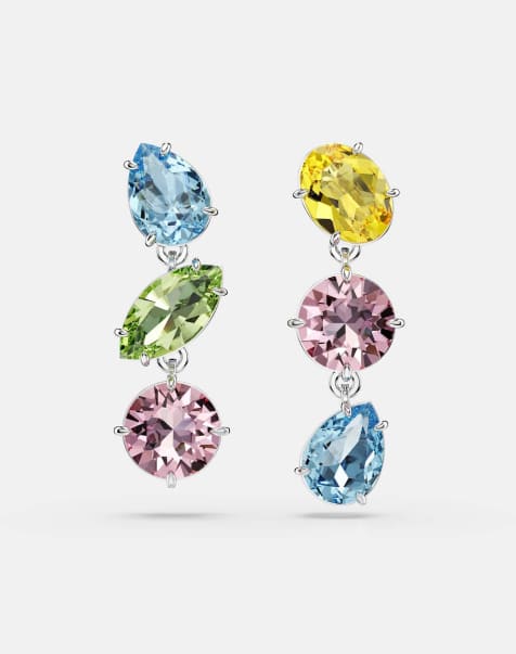 Swarovski Gema drop earrings, asymmetrical design, mixed cuts, multicolored, rhodium plated in multi-colored - view 1