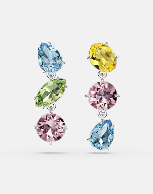 Swarovski Gema drop earrings, asymmetrical design, mixed cuts, multicolored, rhodium plated in multi-colored