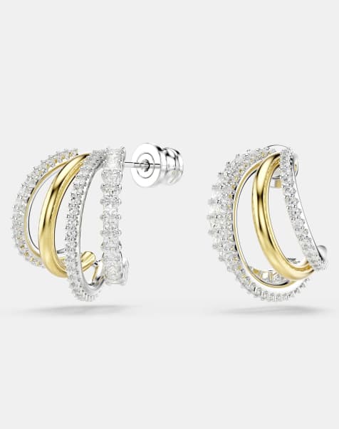 Swarovski Hyperbola hoop earrings, mixed cuts, mini, white, mixed metal finish in white - view 1
