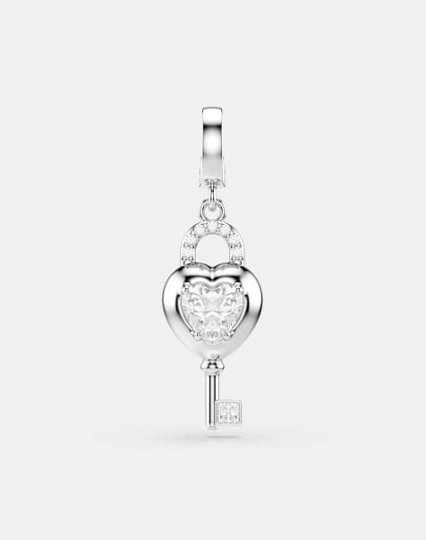 Swarovski Idyllia charm, mixed cuts, heart with key, white, rhodium plated in white, rhodium plating - view 1