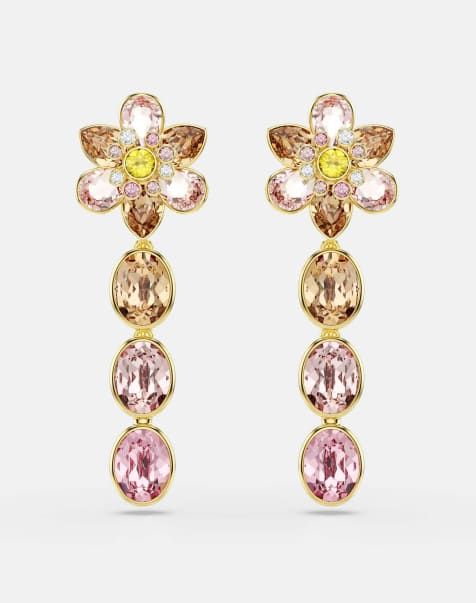 Swarovski Idyllia drop earrings, mixed cuts, flower, multicolored, gold-tone plated in pink - view 1