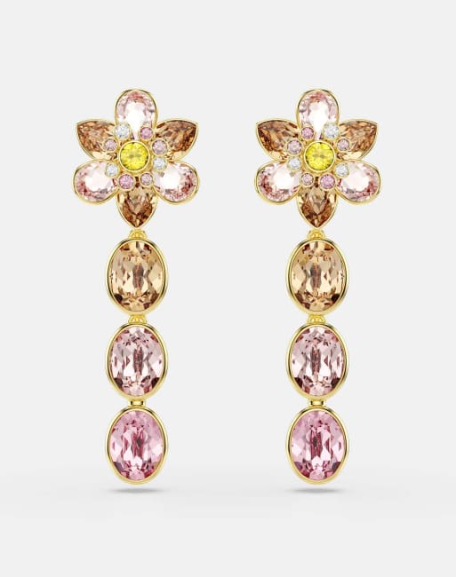 Swarovski Idyllia drop earrings, mixed cuts, flower, multicolored, gold-tone plated in pink