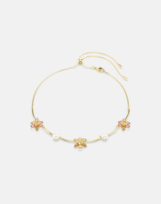 Swarovski Idyllia necklace, crystal pearl, mixed cuts, flower, multicolored, gold-tone plated in yellow