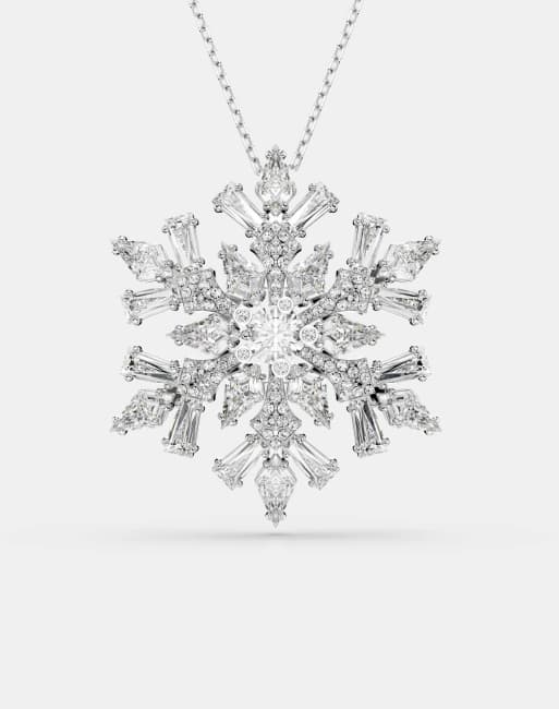 Swarovski Idyllia pendant and brooch, mixed cuts, snowflake, white, rhodium plated in white