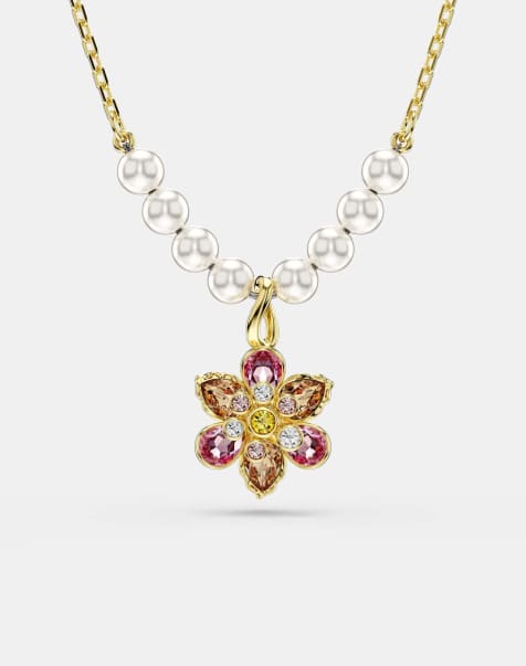 Swarovski Idyllia pendant, crystal pearl, mixed cuts, flower, multicolored, gold-tone plated in yellow - view 1
