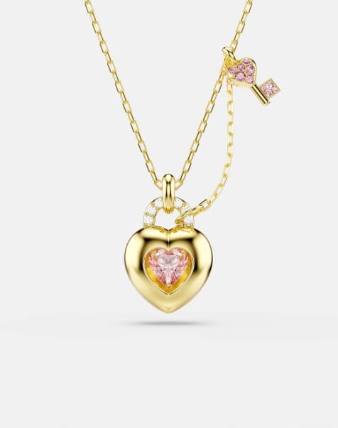 Swarovski Idyllia pendant, mixed cuts, heart, key, pink, gold-tone plated in pink, gold-tone plated - view 1
