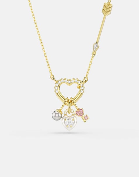 Swarovski Idyllia pendant, mixed cuts, heart, key, pink, gold-tone plated in white, gold-tone plated - view 1
