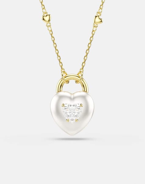 Swarovski Idyllia pendant, mixed cuts, heart, white, gold-tone plated in white, gold-tone plated - view 1