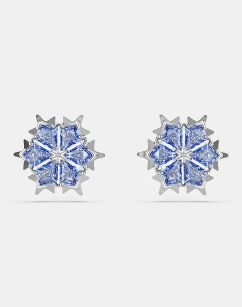 Swarovski Magic stud earrings, snowflake, blue, rhodium plated in blue - view 1