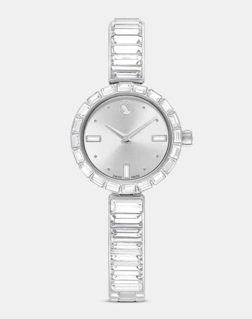 Swarovski Matrix bangle watch, swiss made, crystal bracelet, white, stainless steel in white