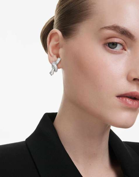 Swarovski Matrix earrings, baguette cut, knot, white, rhodium plated in white - view 1