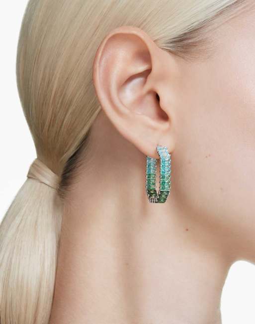 Swarovski Matrix hoop earrings, baguette cut, octagon shape, color gradient, green, rhodium plated in green