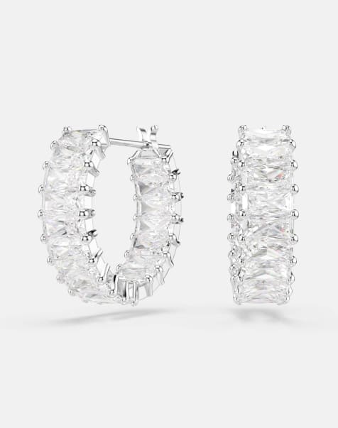 Swarovski Matrix hoop earrings, baguette cut, white, rhodium plated in white - view 1