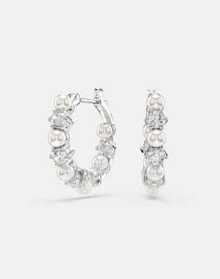 Swarovski Matrix hoop earrings, crystal pearl, round cut, white, rhodium plated in white