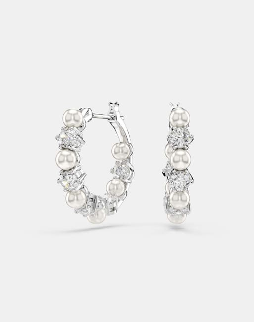 Swarovski Matrix hoop earrings, crystal pearl, round cut, white, rhodium plated in white