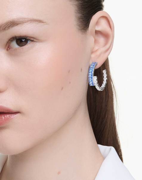 Swarovski Matrix hoop earrings, mixed cuts, blue, rhodium plated in blue - view 1