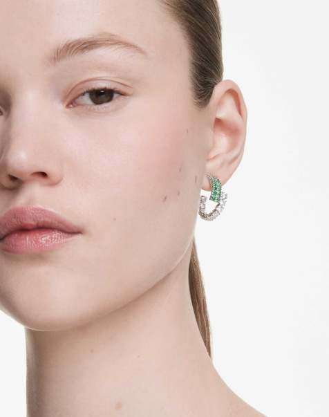 Swarovski Matrix hoop earrings, mixed cuts, green, rhodium plated in green - view 1