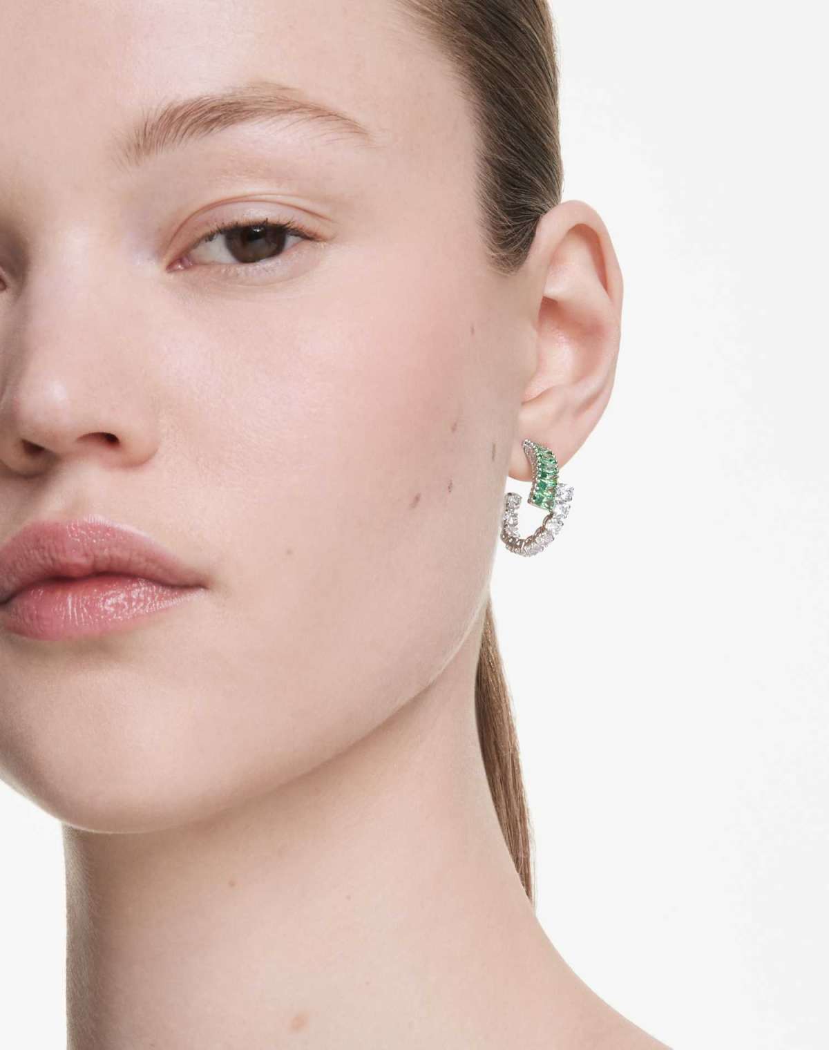 Swarovski Matrix hoop earrings, mixed cuts, green, rhodium plated in green