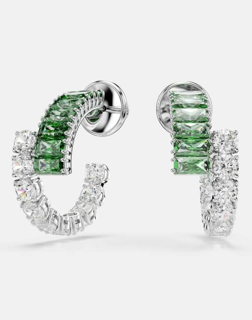 Swarovski Matrix hoop earrings, mixed cuts, green, rhodium plated in green, 2 of 3