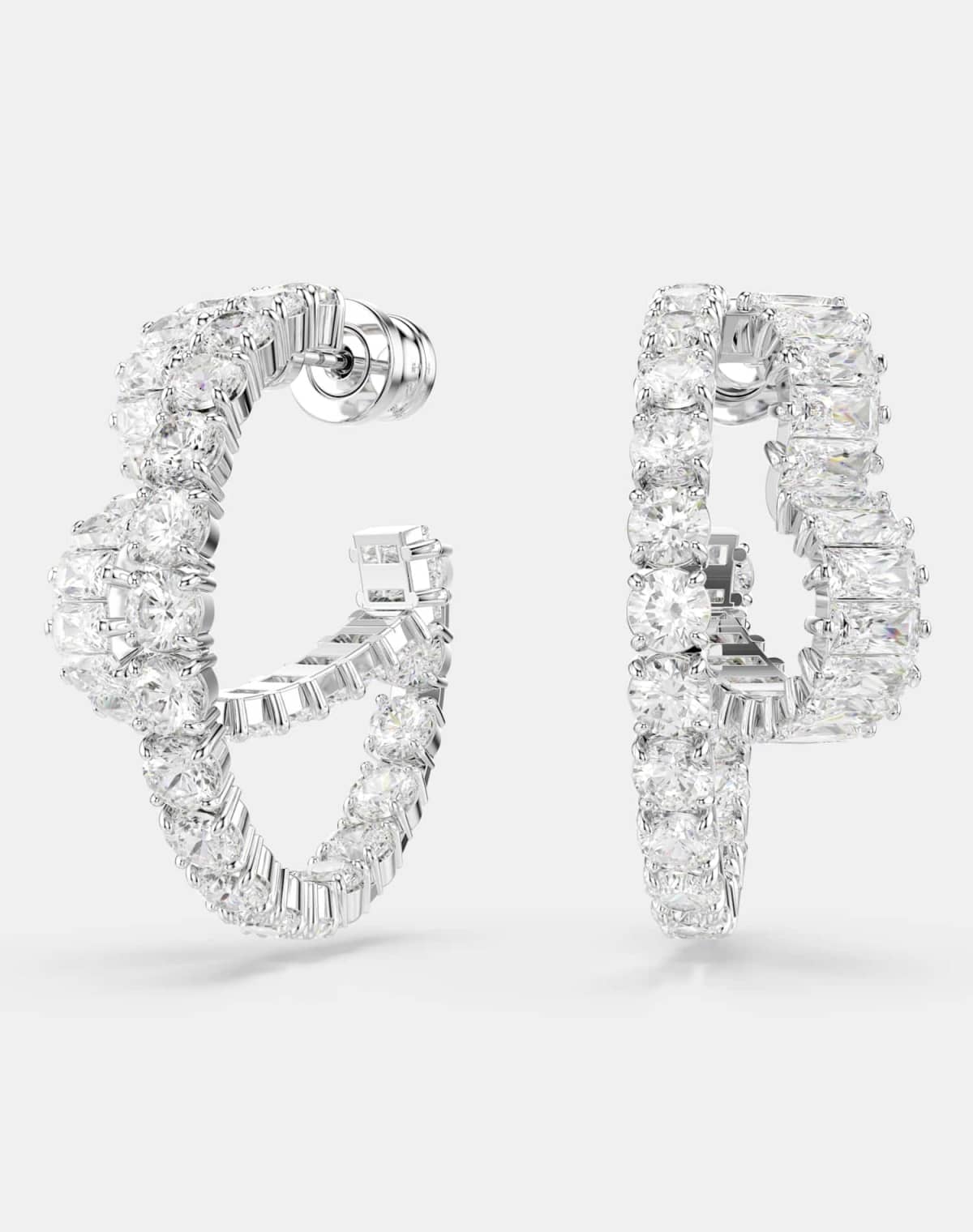 Swarovski Matrix hoop earrings, mixed cuts, heart, white, rhodium plated in white