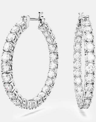 Swarovski Matrix hoop earrings, round cut, white, rhodium plated in white, rhodium plating