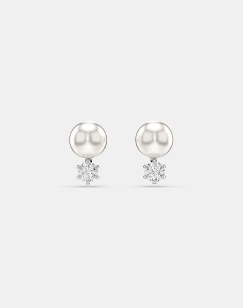 Swarovski Matrix stud earrings, crystal pearl, round cut, white, rhodium plated in white - view 1