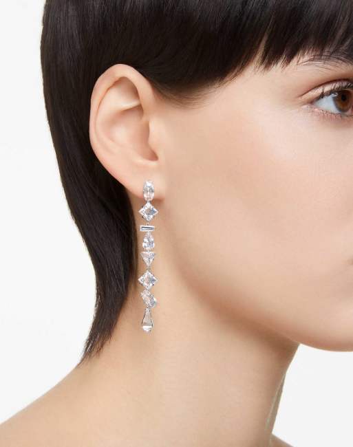 Swarovski Mesmera drop earrings, asymmetrical design, mixed cuts, long, white, rhodium plated in white