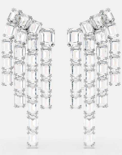 Swarovski Millenia clip earrings, octagon cut, chandelier, white, rhodium plated in white - view 1