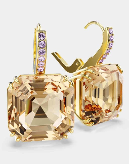Swarovski Millenia drop earrings, mixed cuts, caramel, gold-tone plated in brown, 3 of 3