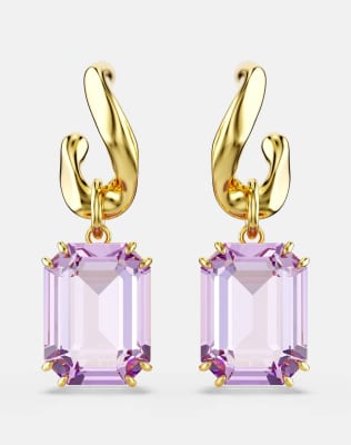 Swarovski Millenia drop earrings, octagon cut, purple, gold-tone plated in purple