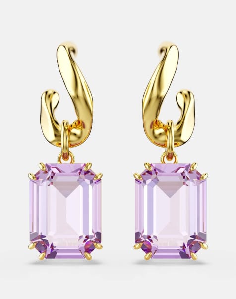 Swarovski Millenia drop earrings, octagon cut, purple, gold-tone plated in purple - view 1